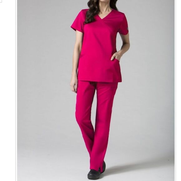 AUW | Hot Pink ACTIVE Women's Sporty Mesh Mock Wrap Scrub Top | Small - Picture 1 of 7